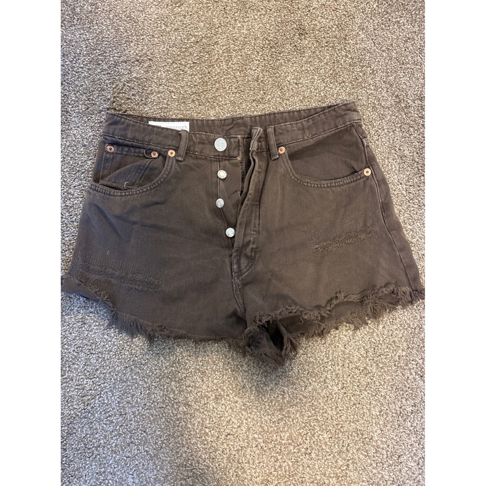 Zara Denim Shorts Womens Size 8 Brown Excellent Distressed High Rise Button Fly